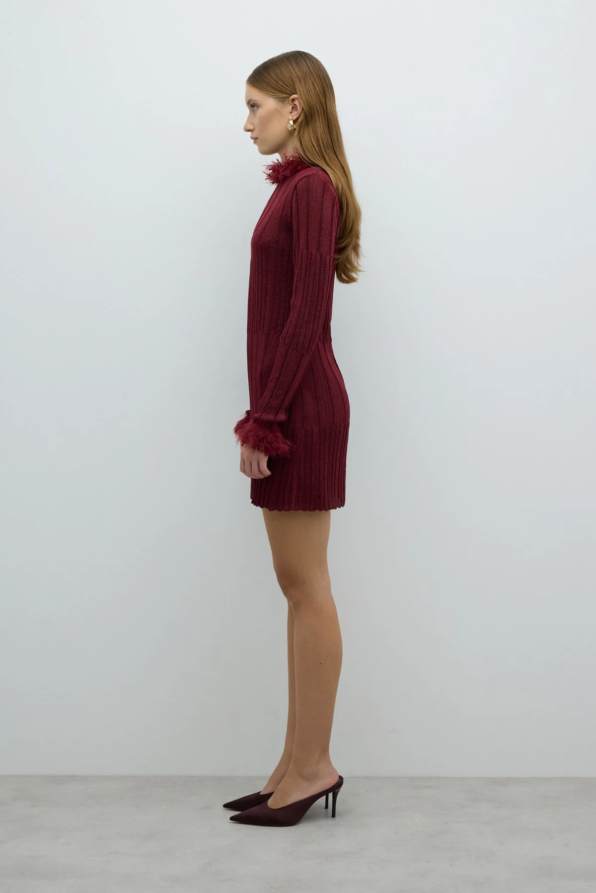 Triko Mini Elbise Bordo - 3