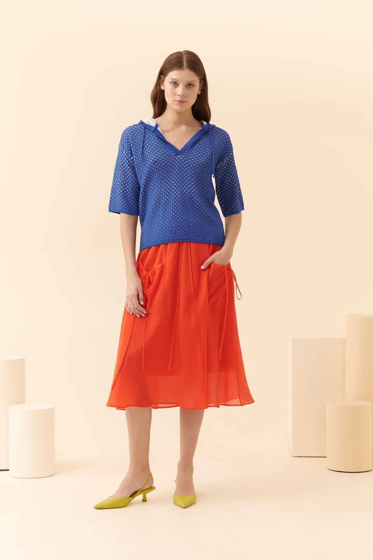  Kapüşonlu Triko Sweatshirt Saks - 3