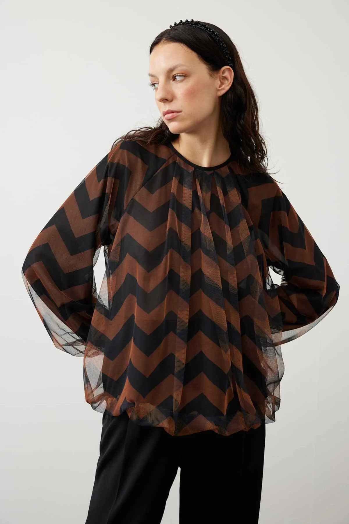 Zigzag Tül Baskılı Balon Bluz - 1