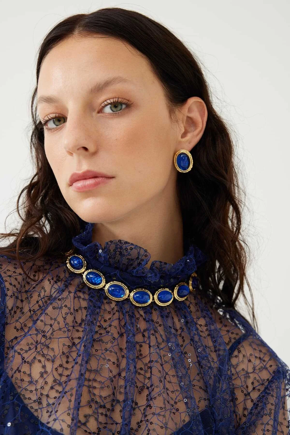 Mavi Taşlı Gold Çerçeveli Oval Kadın Küpe Standart Renk - 2