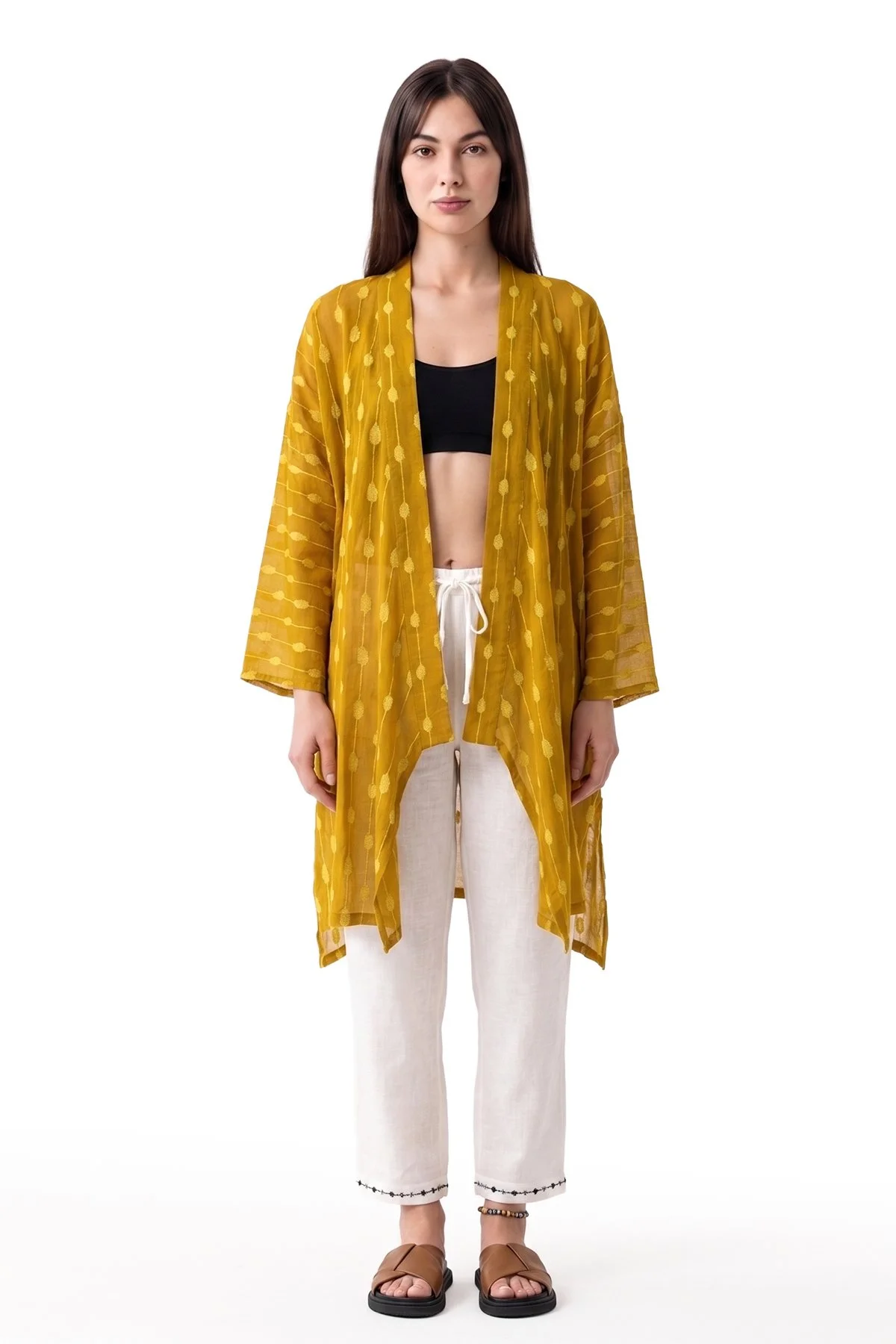 Kuşaklı Desenli Kimono - 1