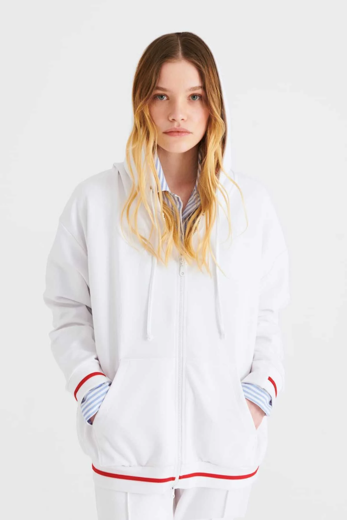 Kapüşonlu Kadın Sweatshirt Beyaz - 1