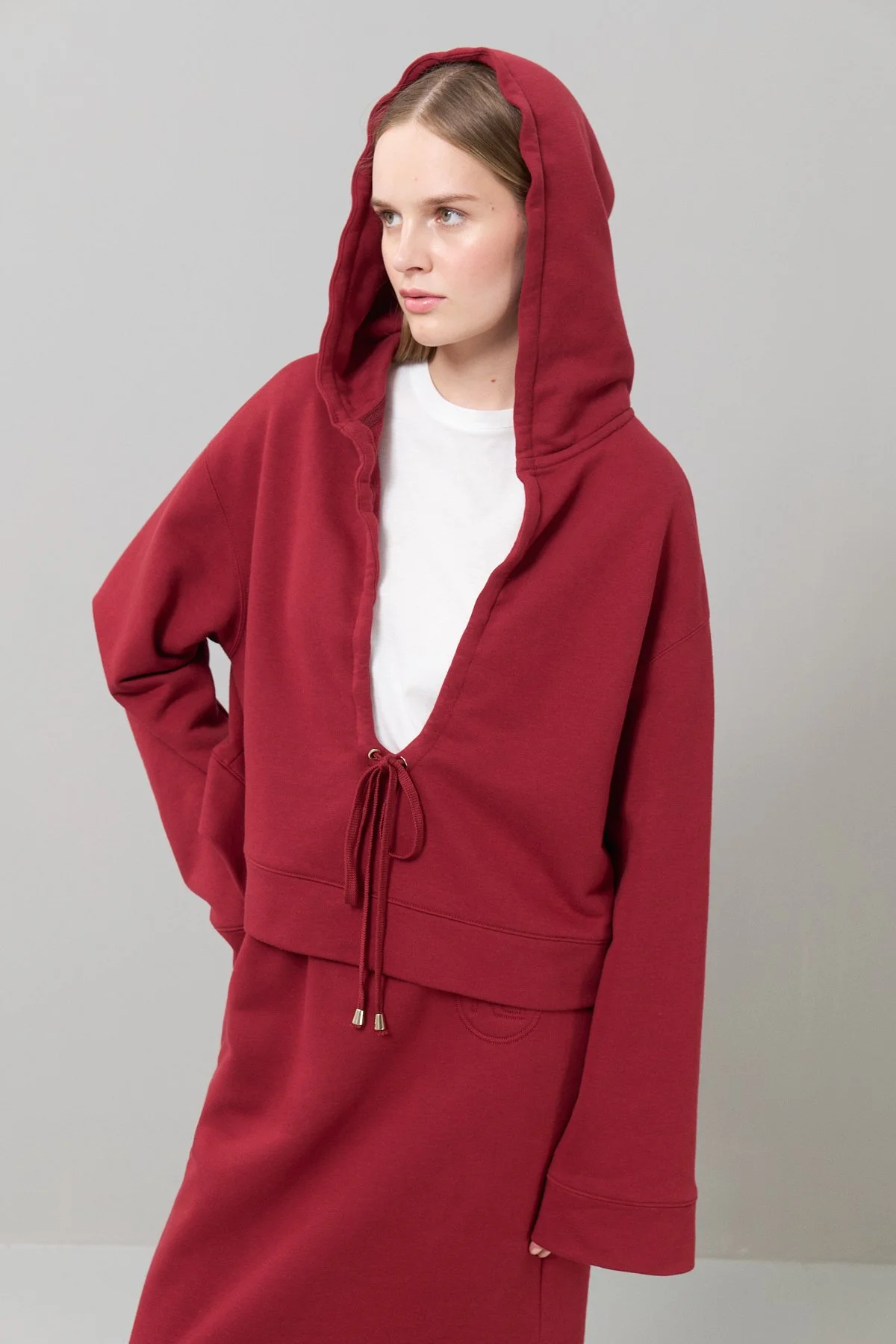 Kapüşonlu Örme Sweatshirt Bordo - 1