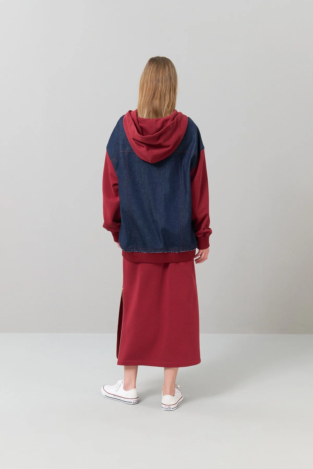 Fermuarlı Denim Sweatshirt Bordo - 2