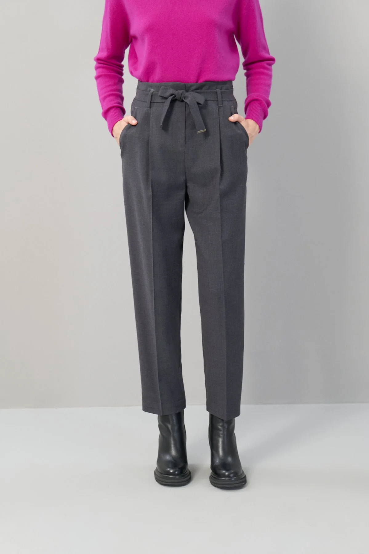 Beli Bağlama Detaylı Pileli Yün Pantolon Koyu Gri - 4