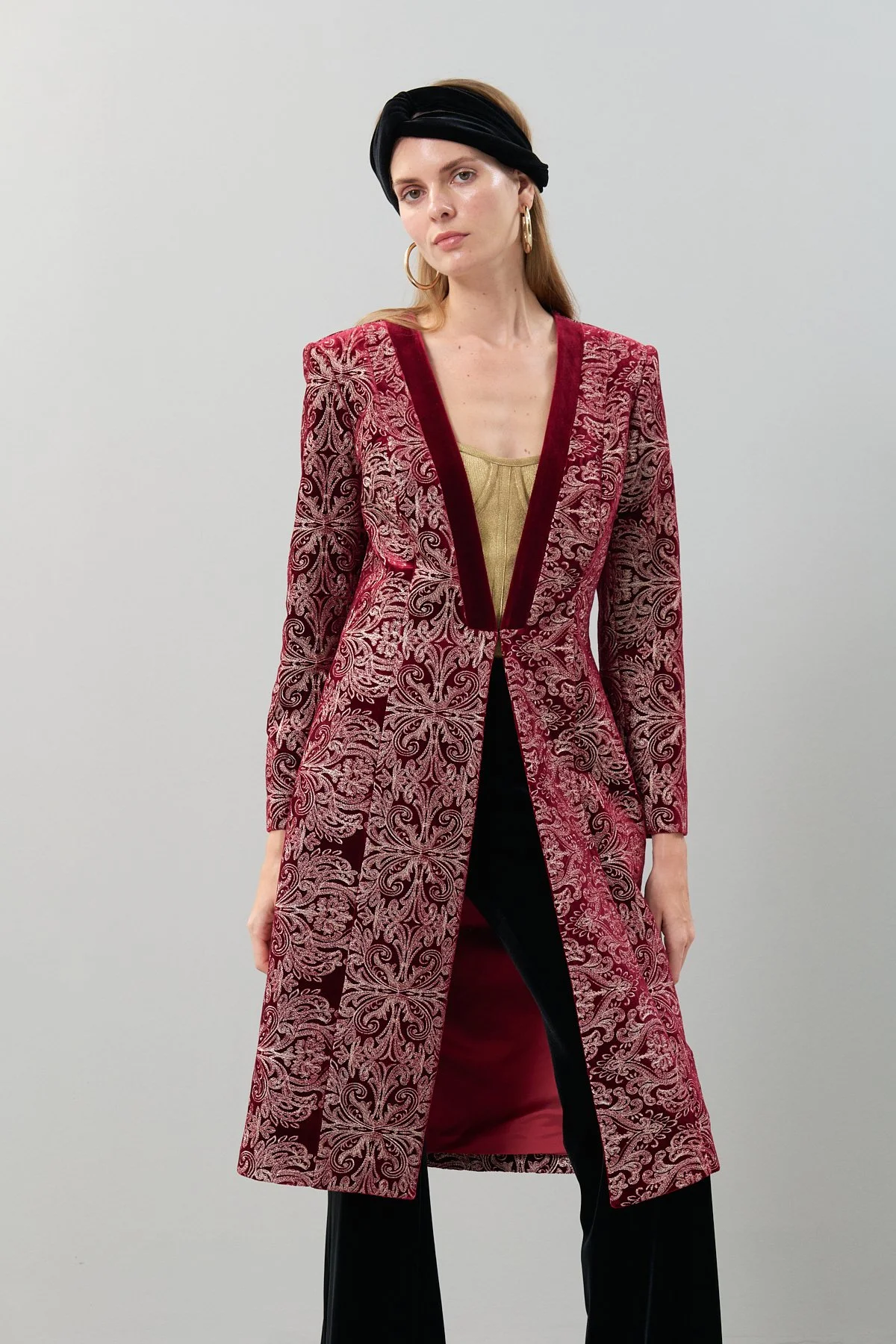 İşlemeli Kadife Kaftan Bordo - 1