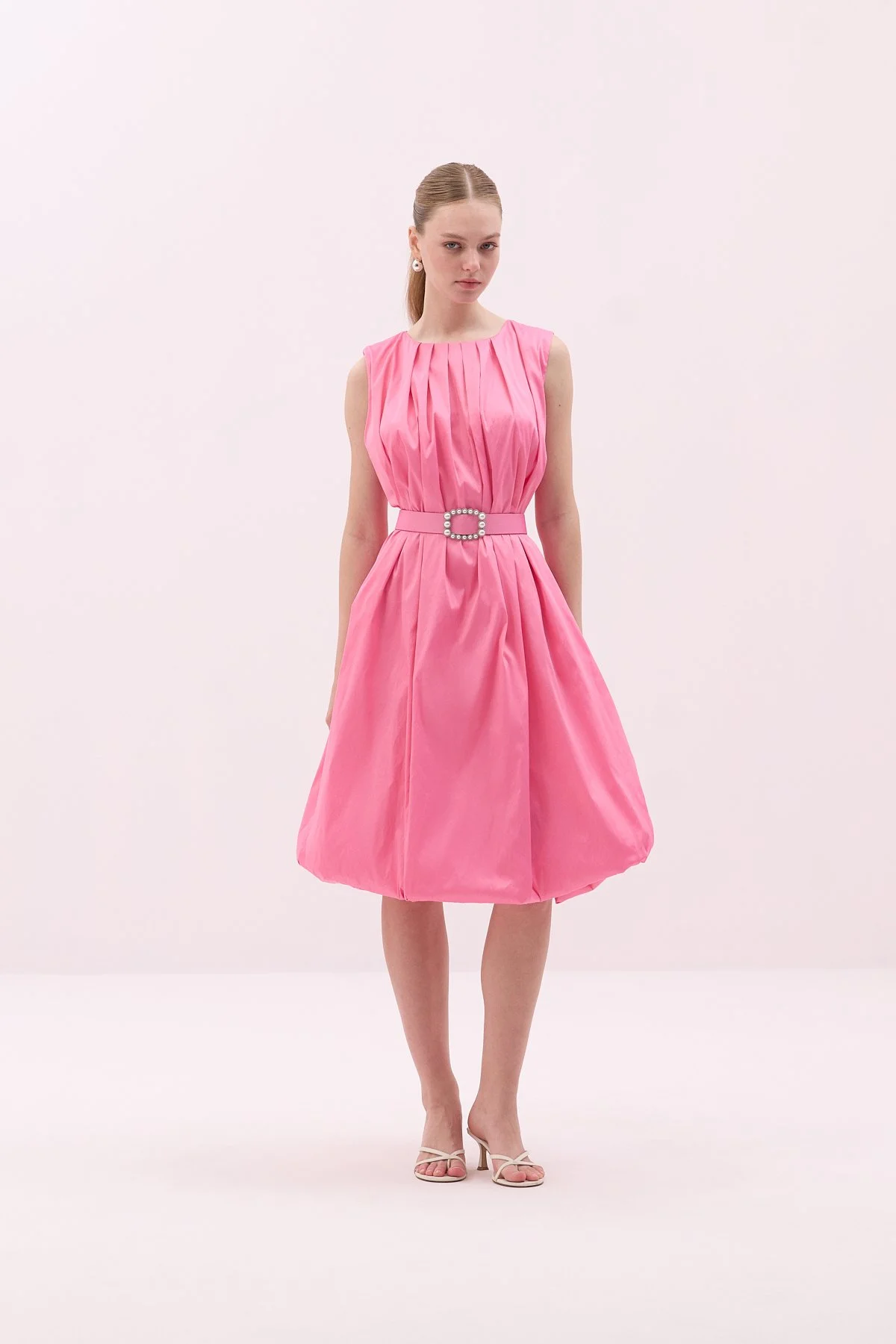 Tafta Beli Kemerli Midi Boy Balon Elbise Pembe - 1