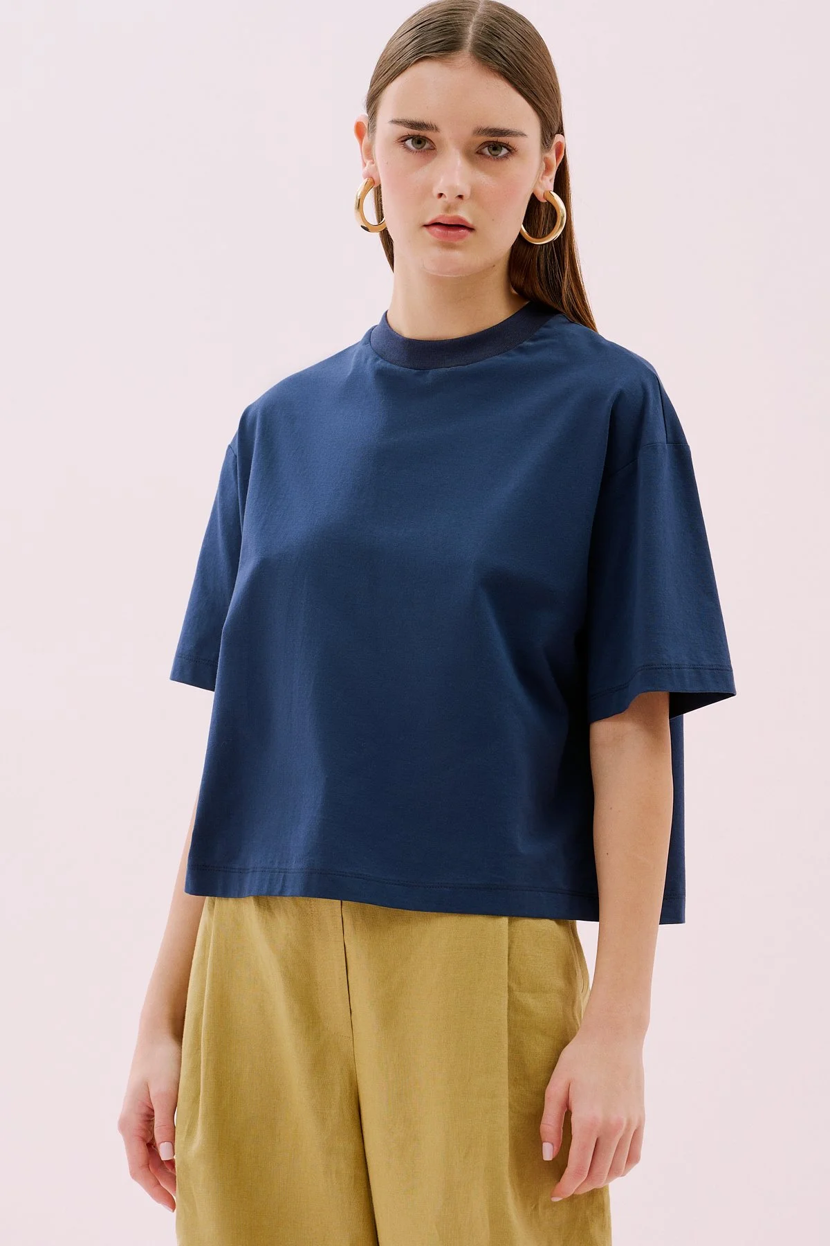 Bisiklet Yaka Kısa Kol Crop T-shirt Lacivert - 1