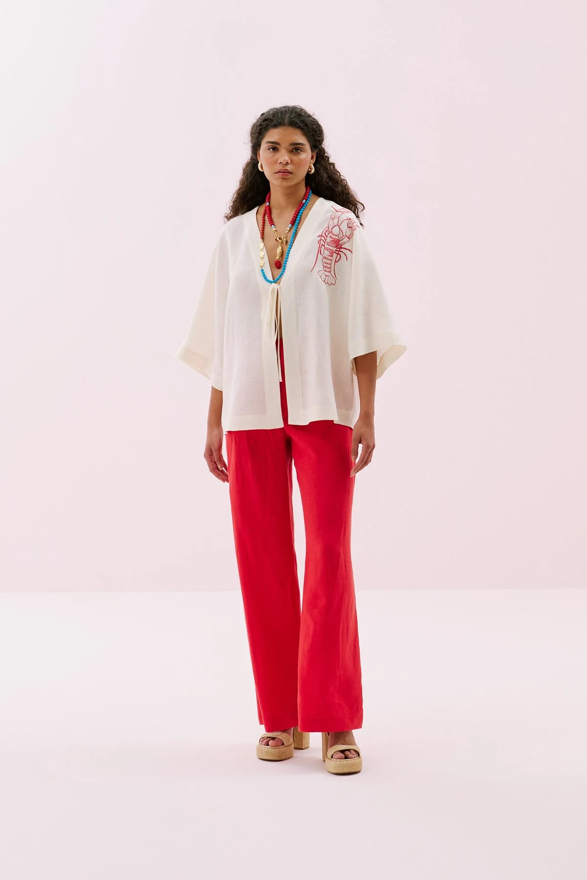 Istakoz Nakışlı Keten Kimono Bej - 4