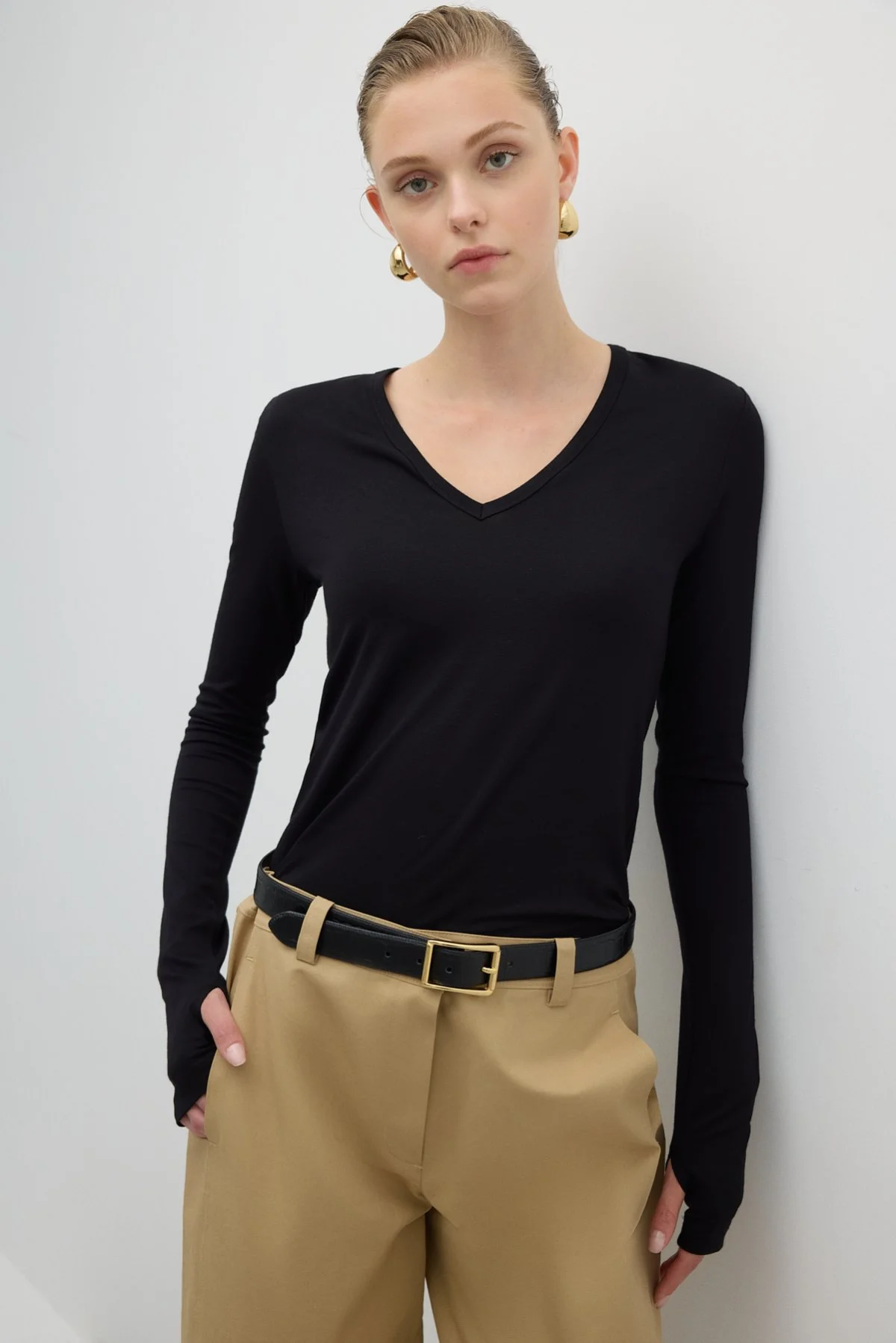 V Yaka Uzun Kol Basic T-shirt Siyah - 4