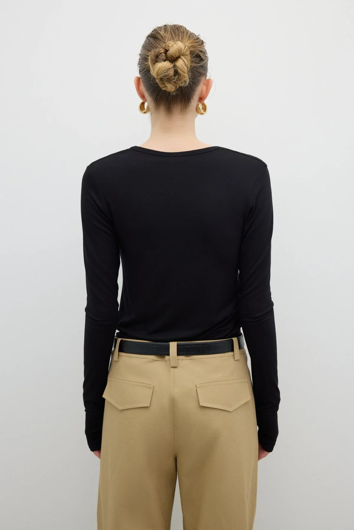 V Yaka Uzun Kol Basic T-shirt Siyah - 2