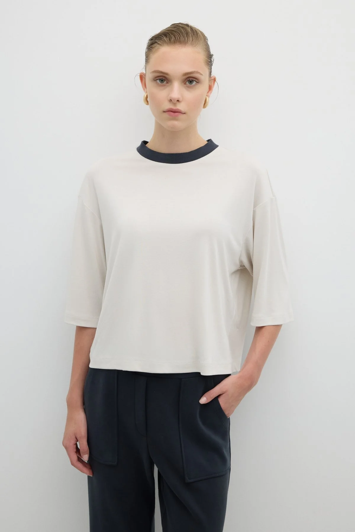 Ribana Yaka Truvakar Kol T-shirt Taş - 1