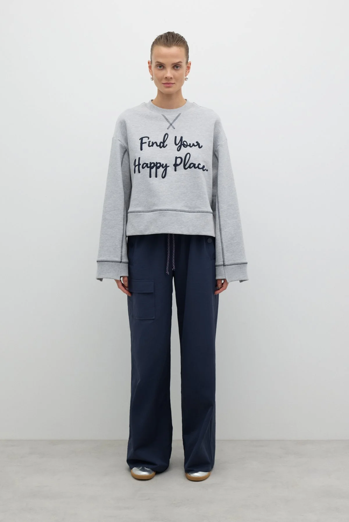 Nakışlı Sweatshirt Gri - 5