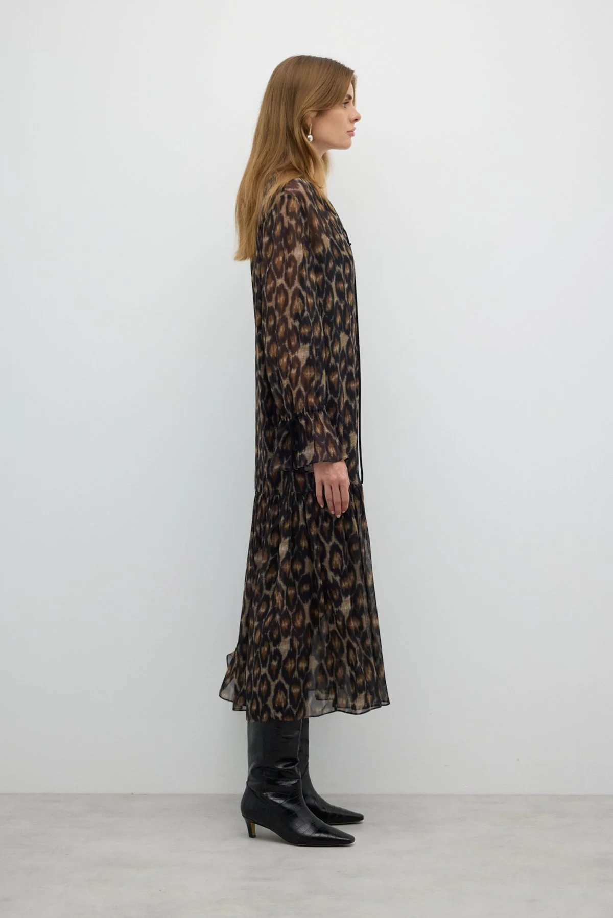 Leopar Desenli Midi Boy Elbise Standart Renk - 4
