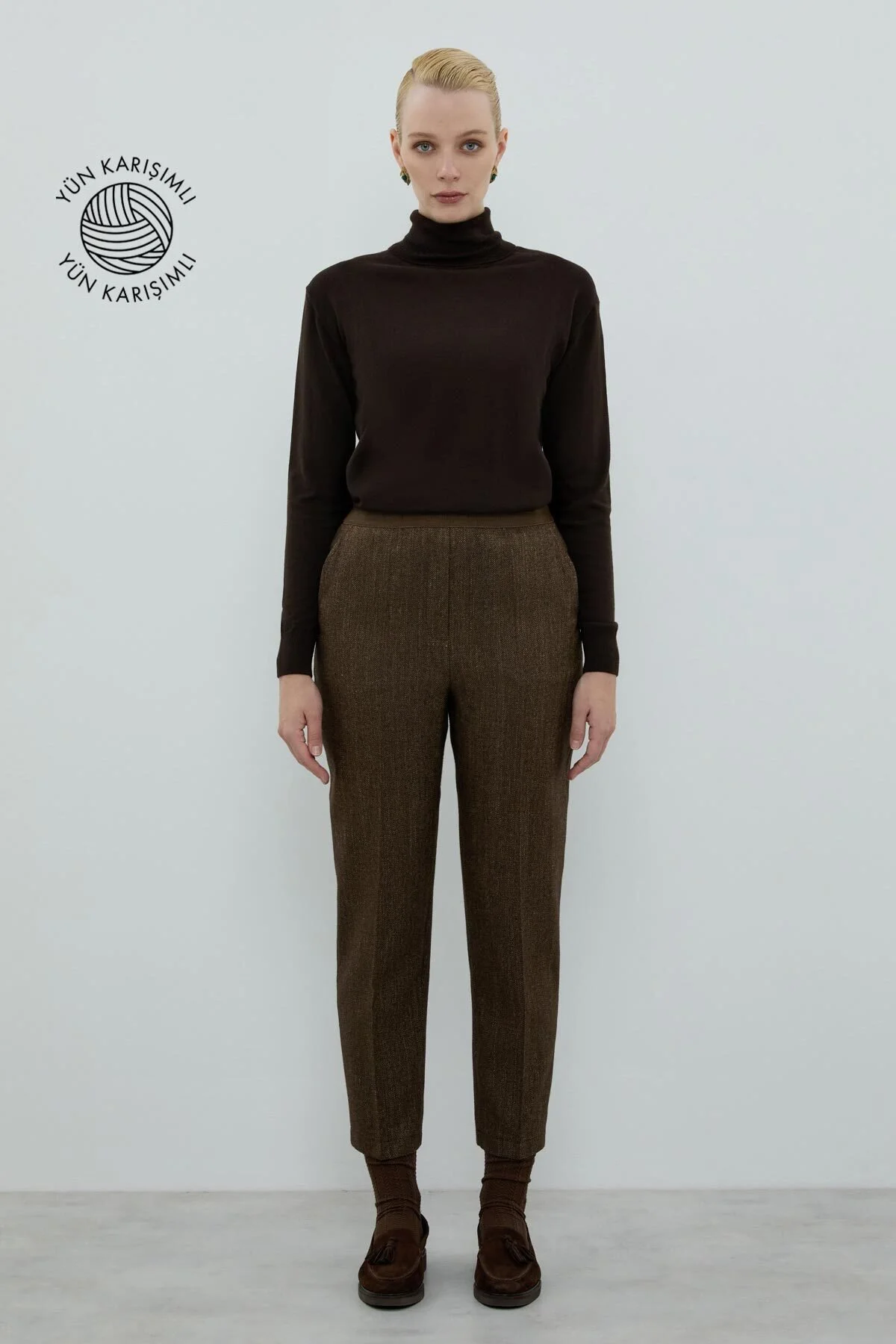 Yün Karışımlı Beli Lastikli Düz Paça Pantolon Kahve - 1