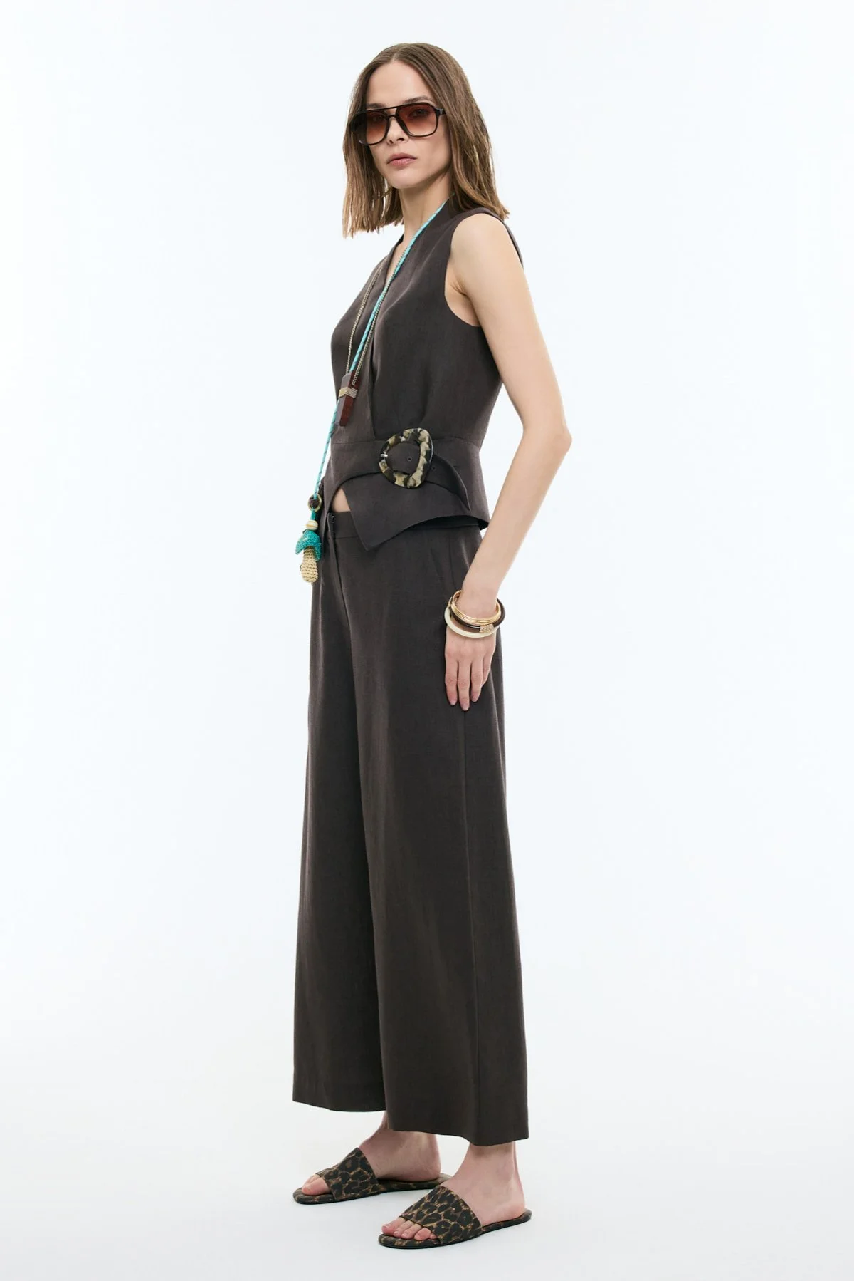 Geniş Paça Keten Pantolon Kahve - 3