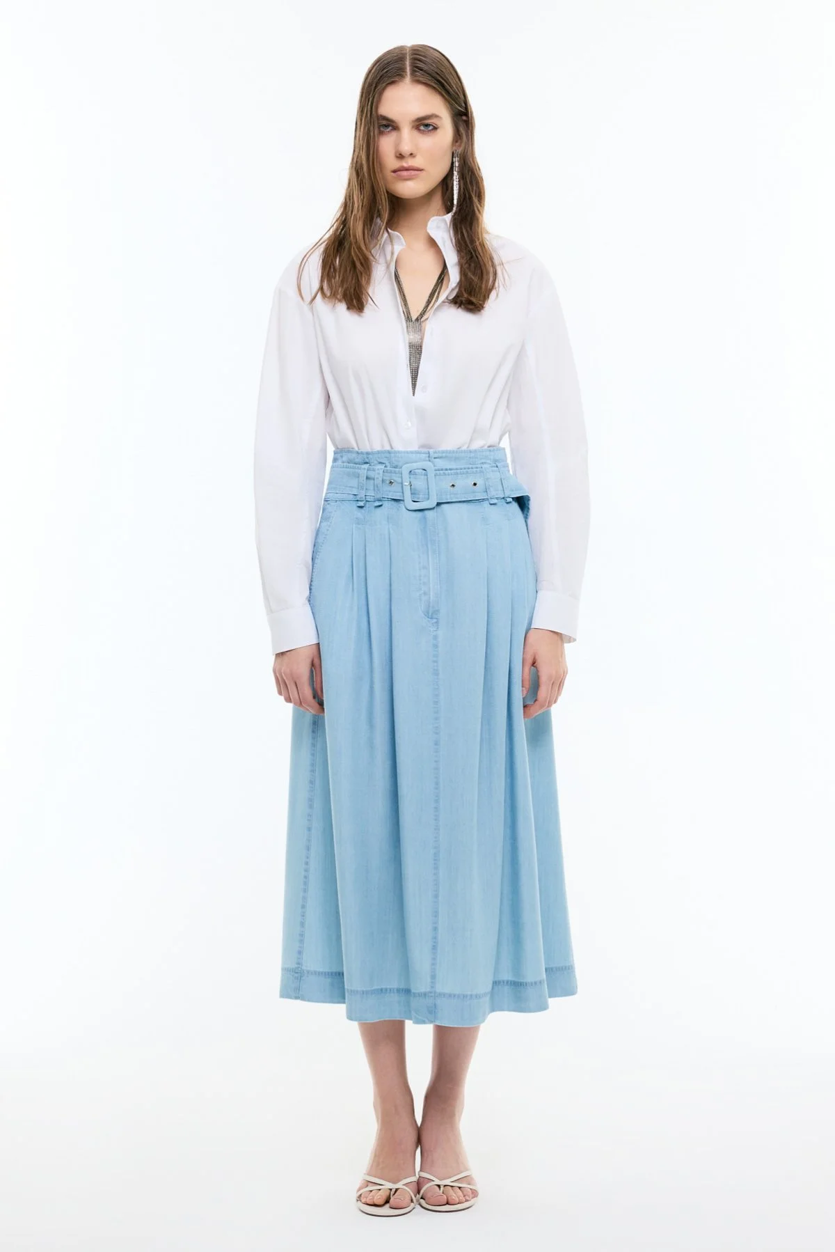 Beli Kemerli Midi Boy Denim Etek Mavi - 1
