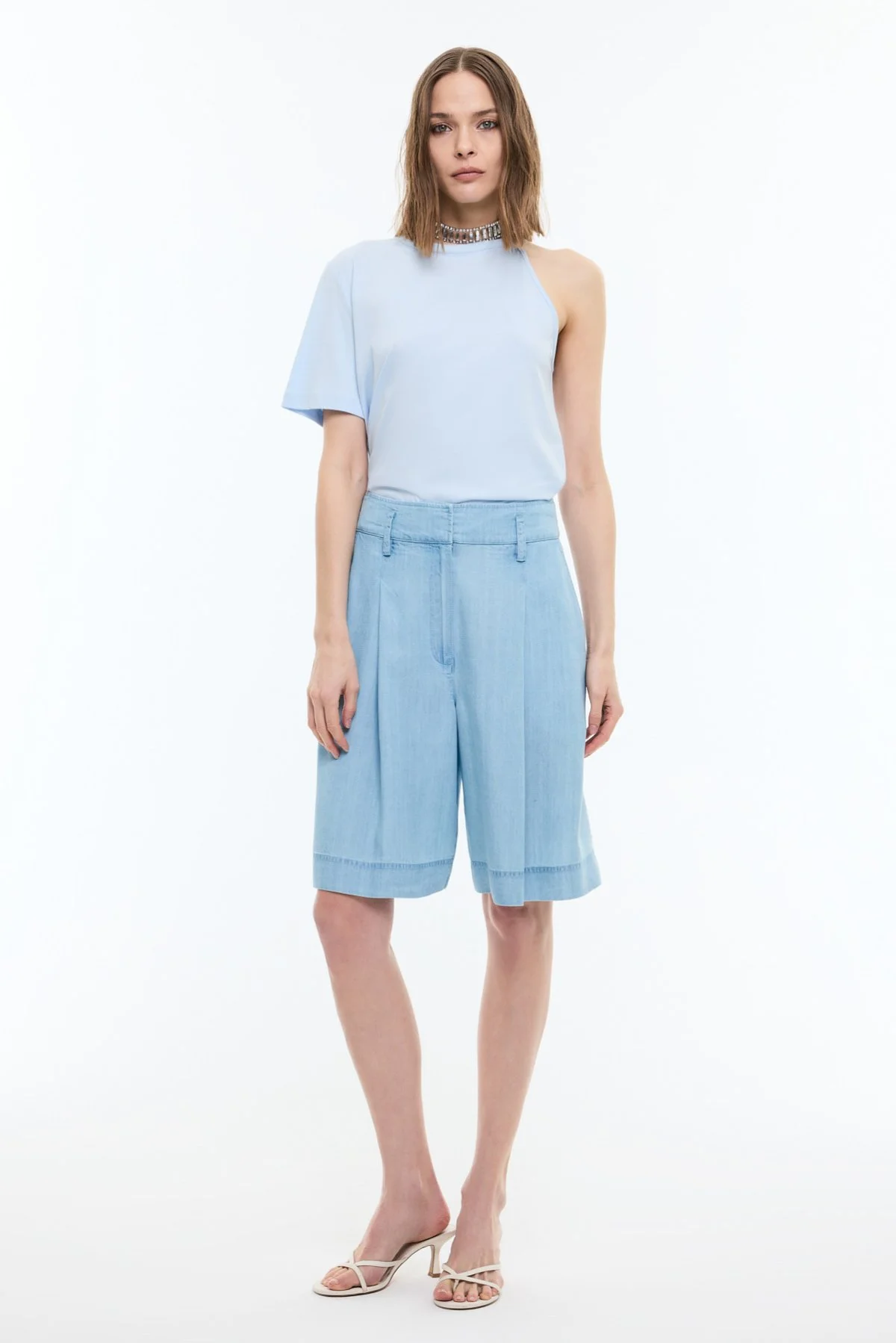 Pileli Denim Bermuda Pantolon Mavi - 1