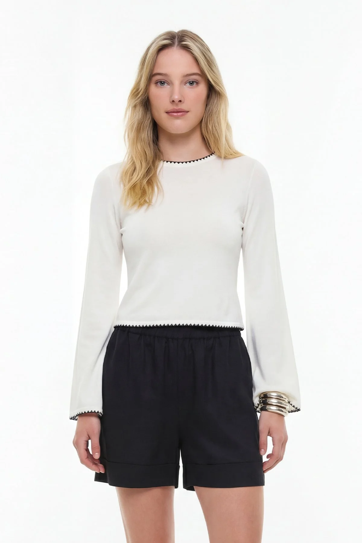 Nakışlı İspanyol Kol Modal Sweatshirt Beyaz - 3