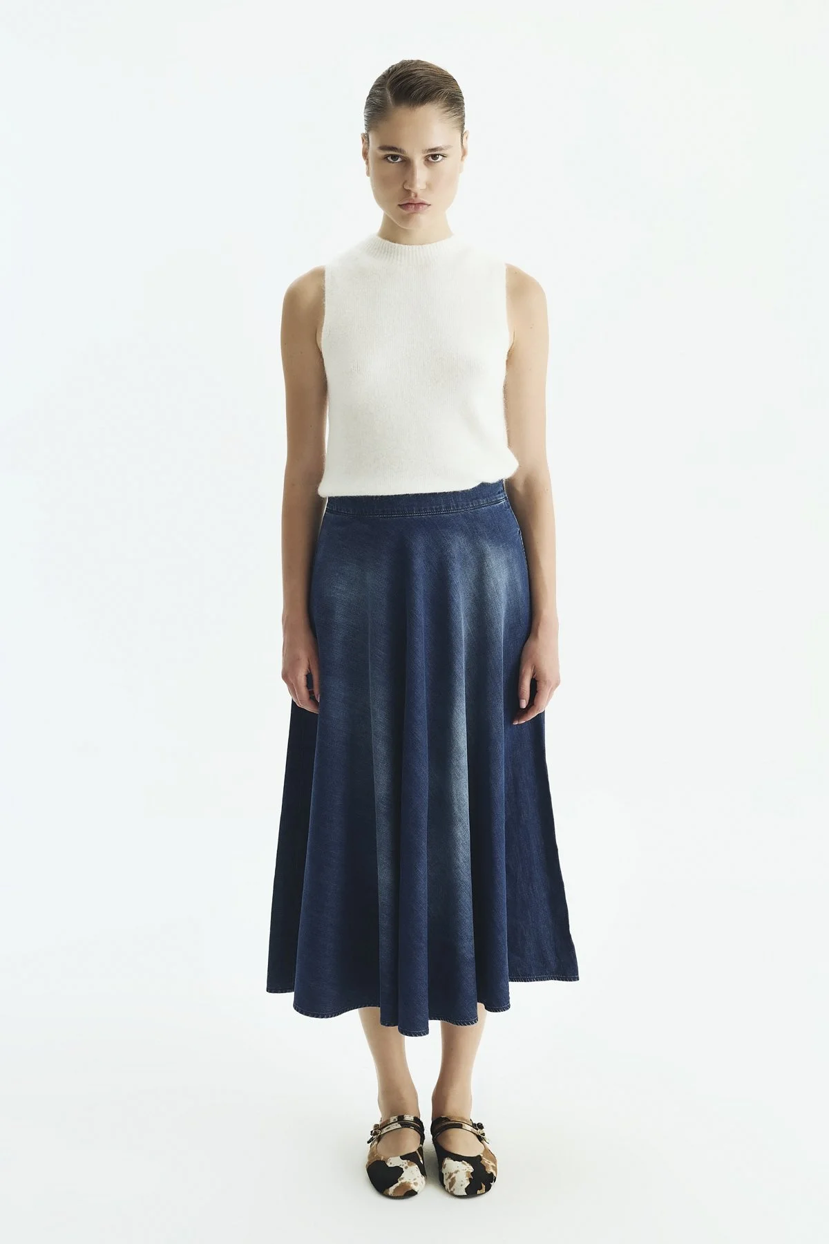 Denim Midi Etek Lacivert - 1