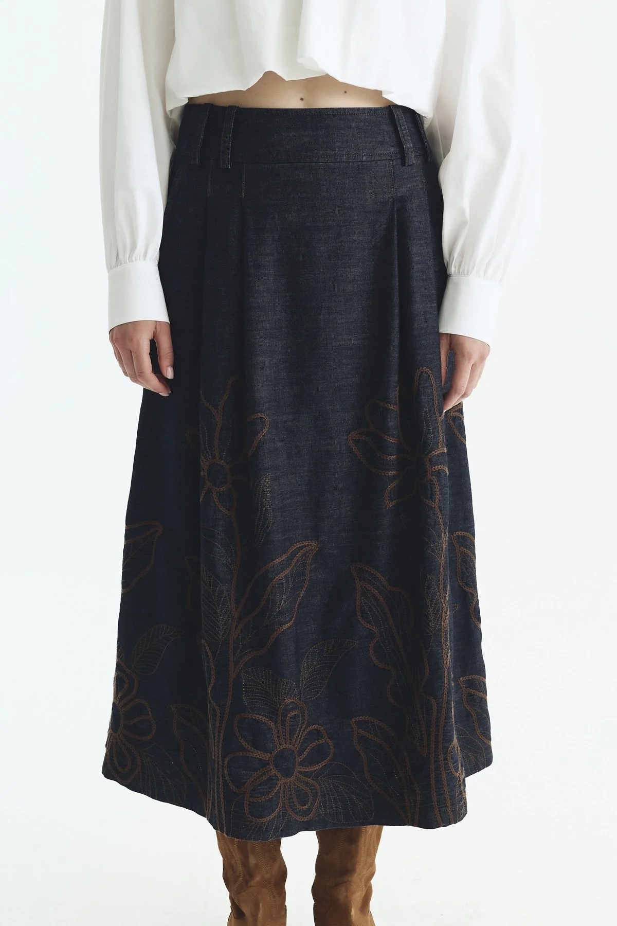 Nakışlı Pili Detaylı Denim Etek Lacivert - 3