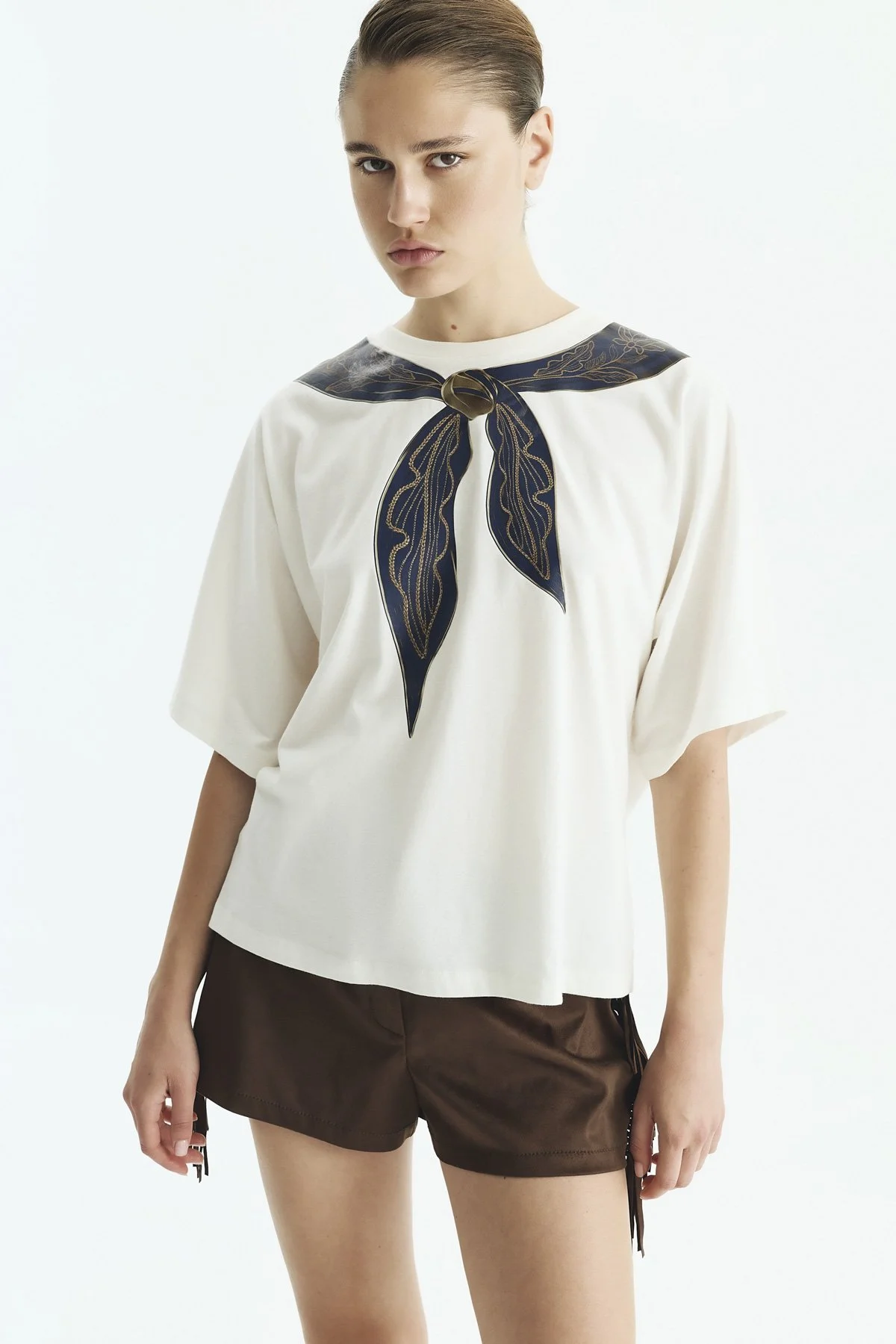 Fular Baskılı T-Shirt Ekru - 3