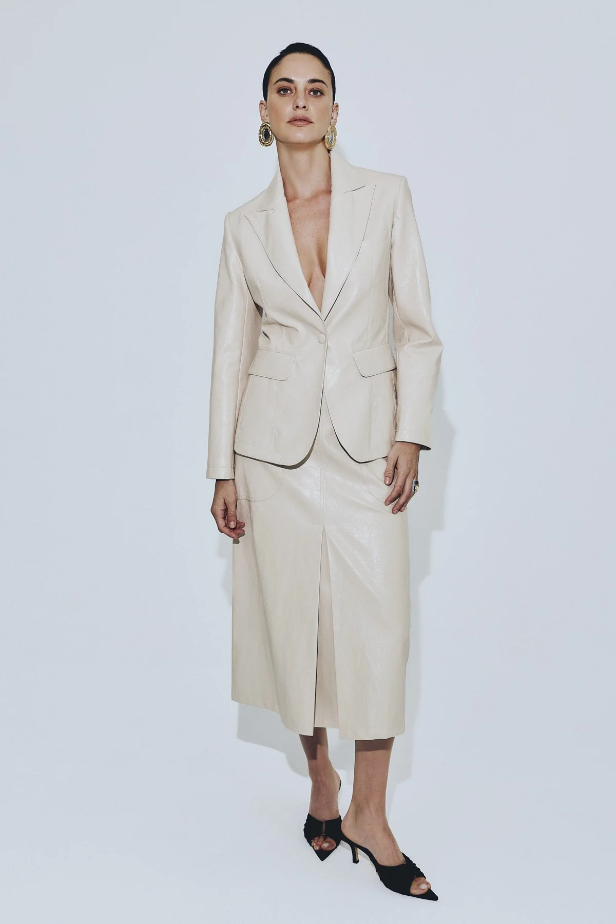 Tek Çıtçıtlı Deri Blazer Ceket Krem - 1
