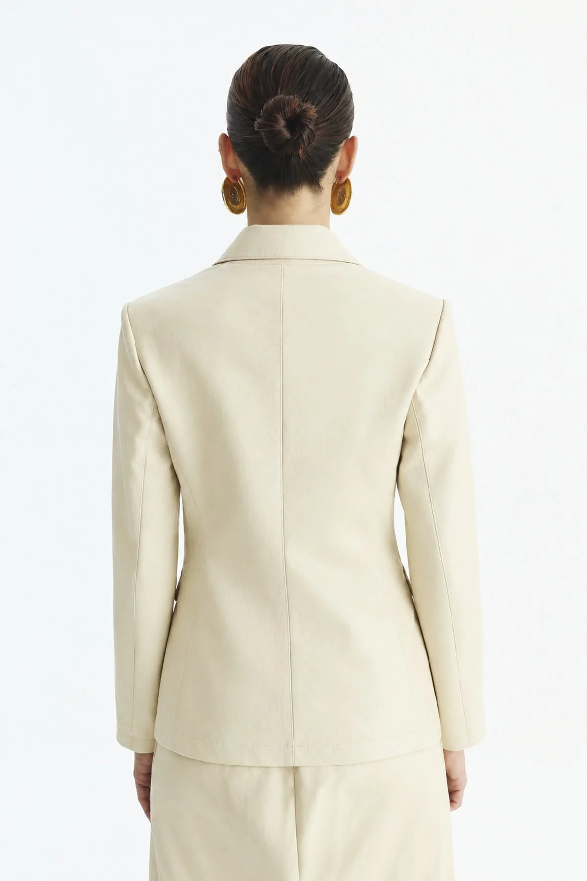 Tek Çıtçıtlı Deri Blazer Ceket Krem - 2