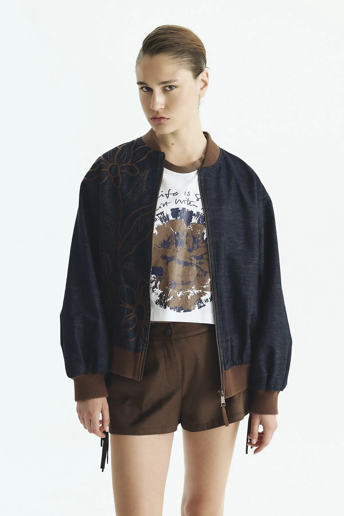 Nakışlı Bomber Denim Ceket Lacivert - 2