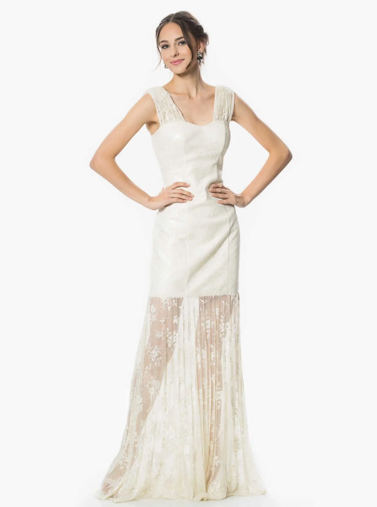 Tül Detaylı Abiye Elbise Krem - 1