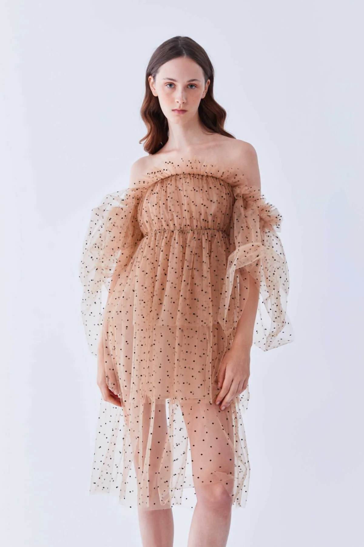  Tül Detaylı Kayık Yaka Elbise Standart Renk - 3