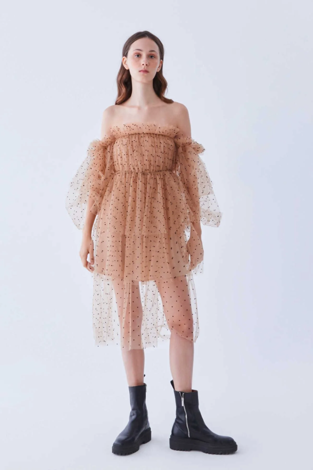  Tül Detaylı Kayık Yaka Elbise Standart Renk - 1