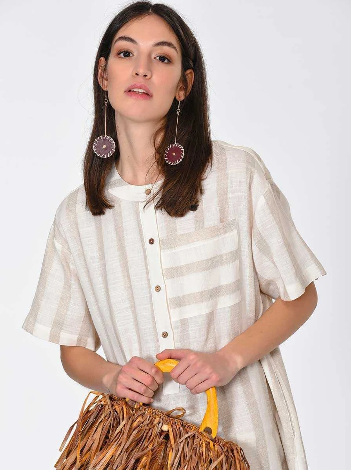 Uzun Yırtmaçlı Çizgili Keten Uzun Elbise Standart Renk - 5