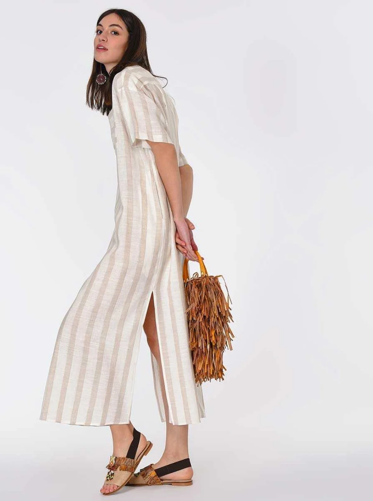 Uzun Yırtmaçlı Çizgili Keten Uzun Elbise Standart Renk - 3
