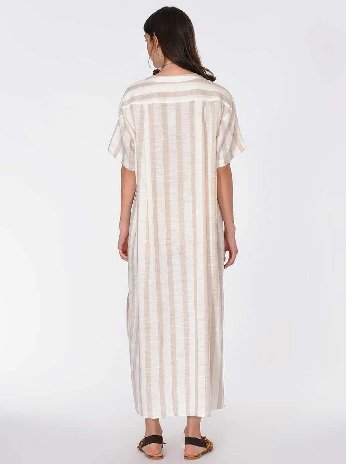 Uzun Yırtmaçlı Çizgili Keten Uzun Elbise Standart Renk - 2