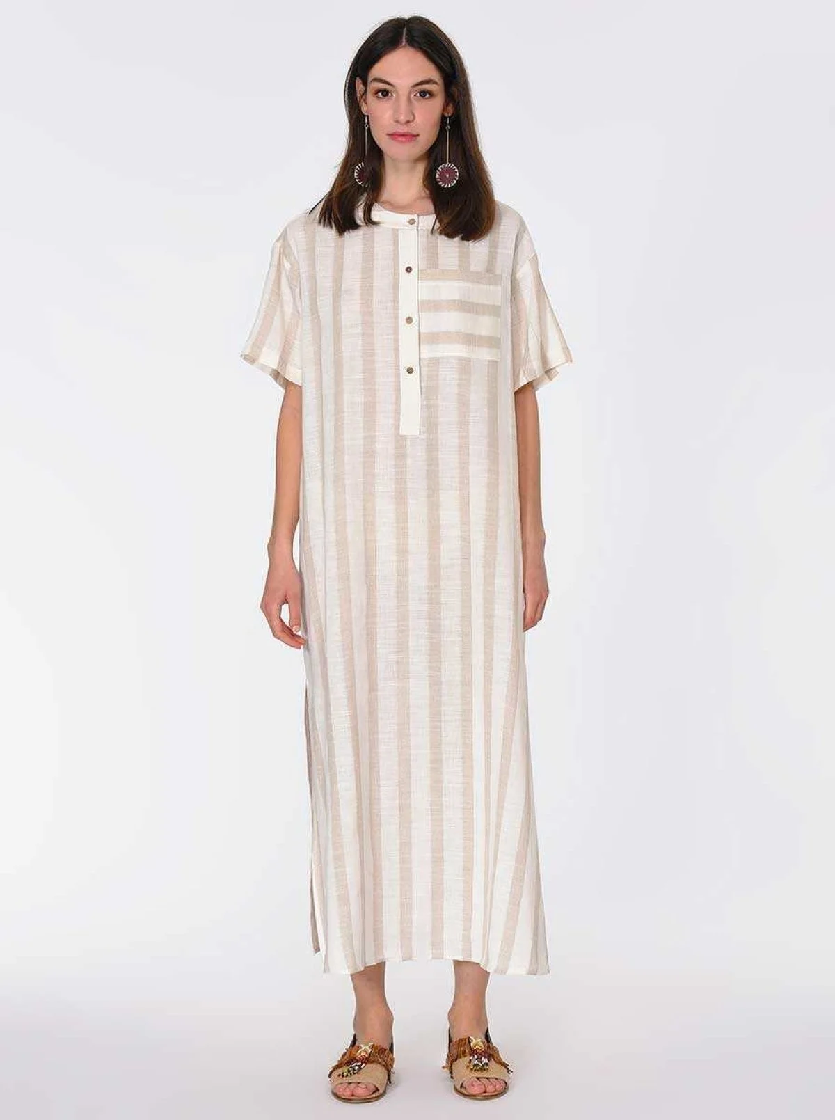 Uzun Yırtmaçlı Çizgili Keten Uzun Elbise Standart Renk - 1