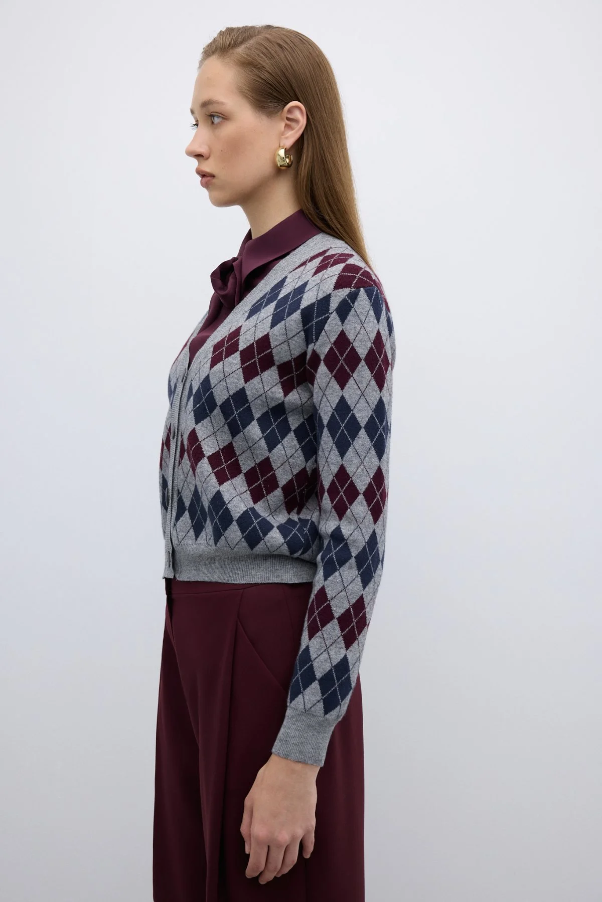 V Yaka Baklava Desenli Triko Hırka Standart Renk - 3