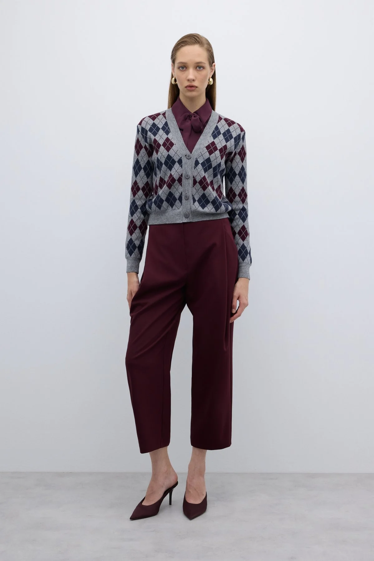 V Yaka Baklava Desenli Triko Hırka Standart Renk - 4