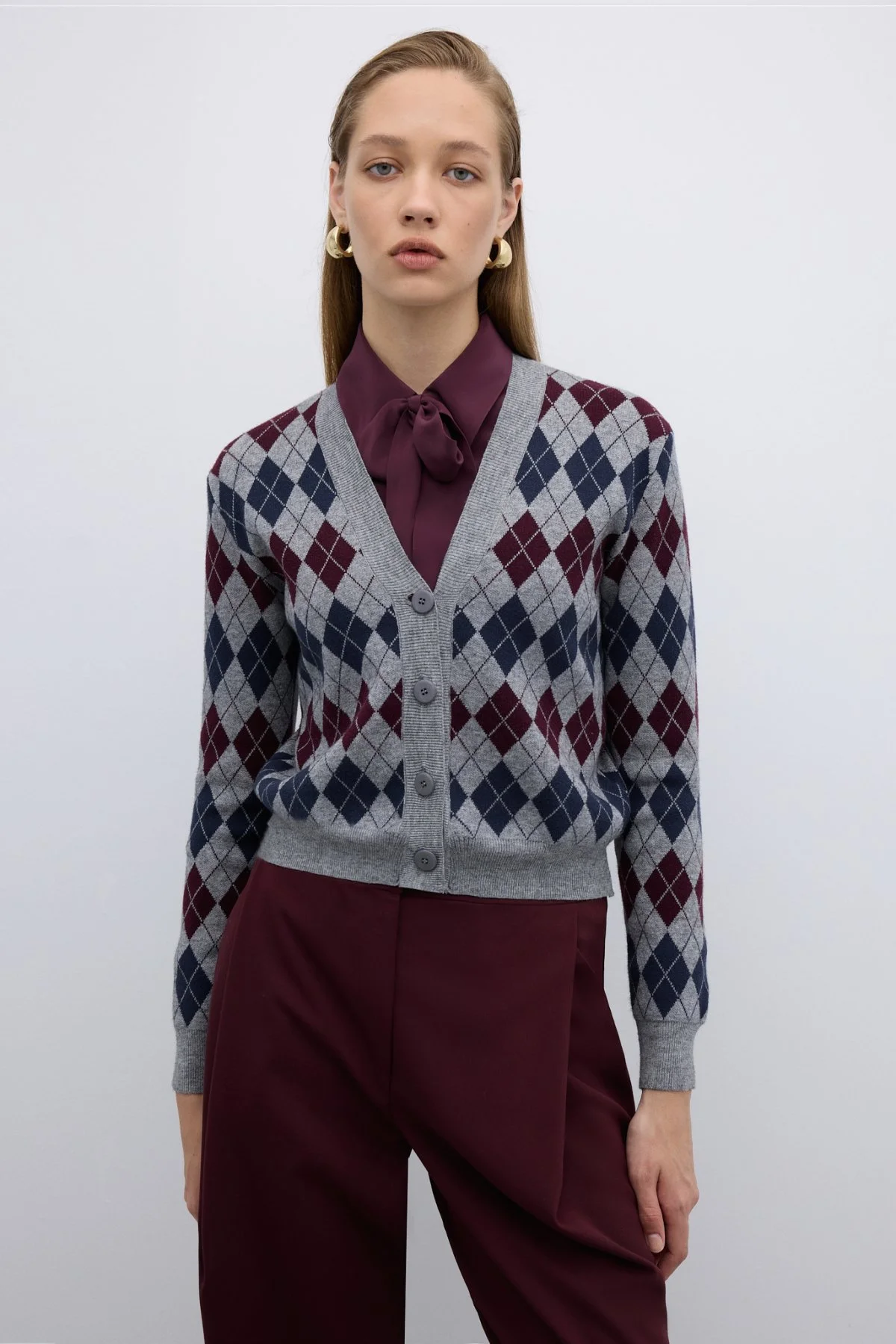 V Yaka Baklava Desenli Triko Hırka Standart Renk - 1