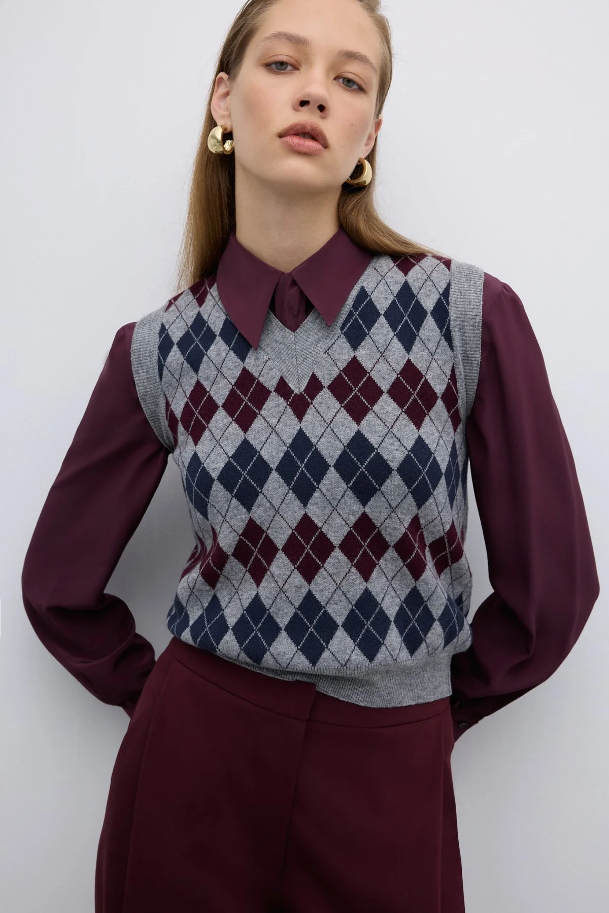 V Yaka Baklava Desenli Triko Süveter Standart Renk - 3