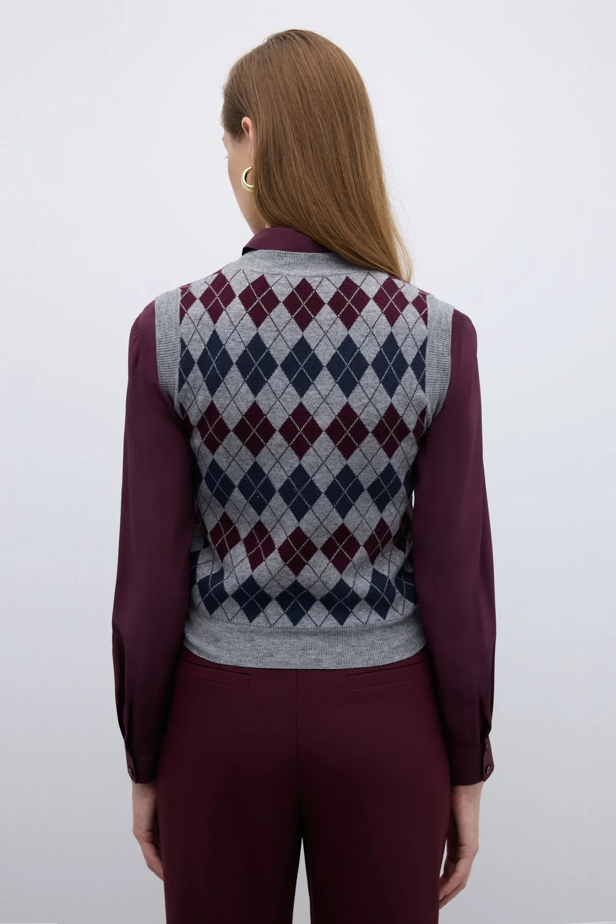 V Yaka Baklava Desenli Triko Süveter Standart Renk - 2