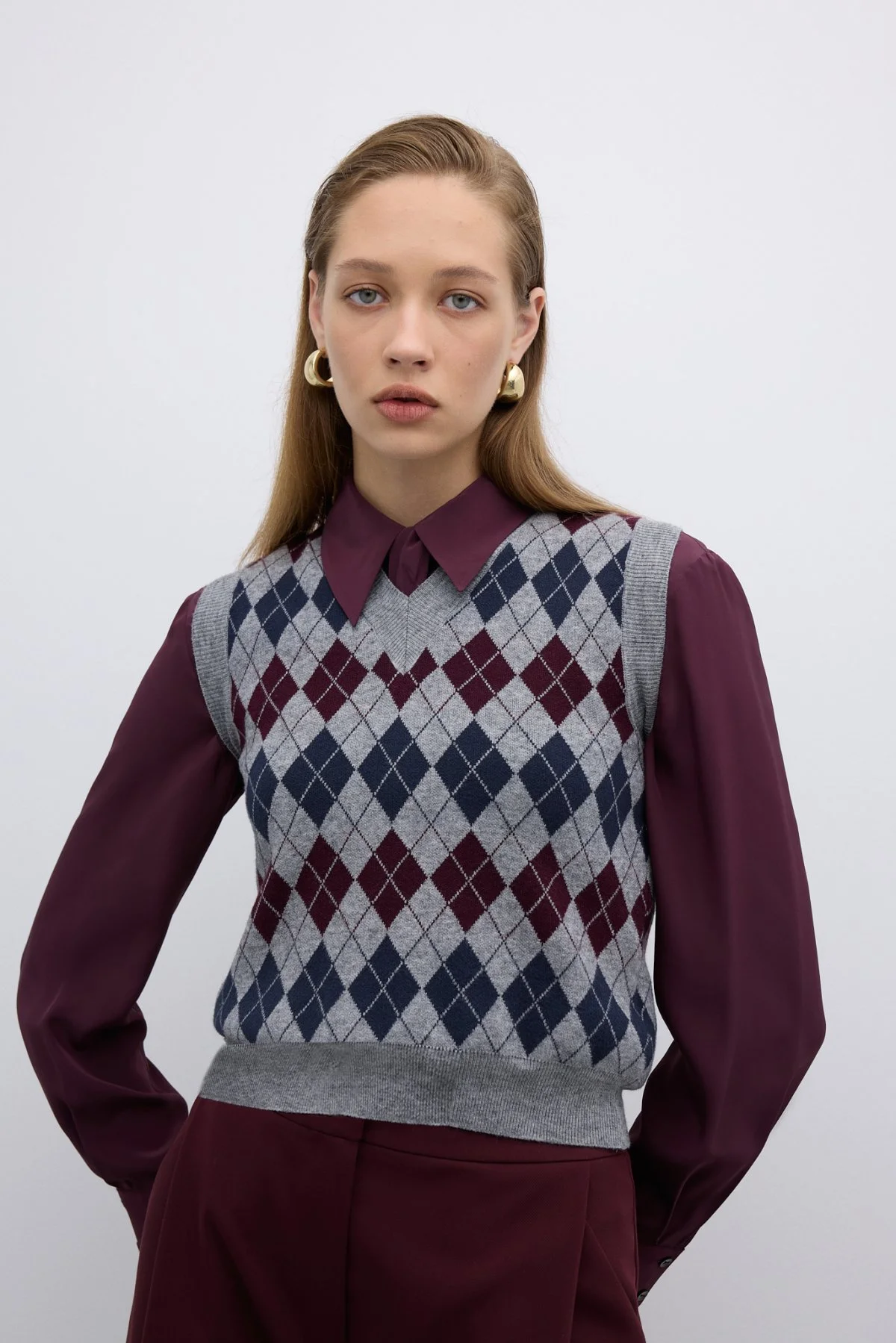 V Yaka Baklava Desenli Triko Süveter Standart Renk - 1