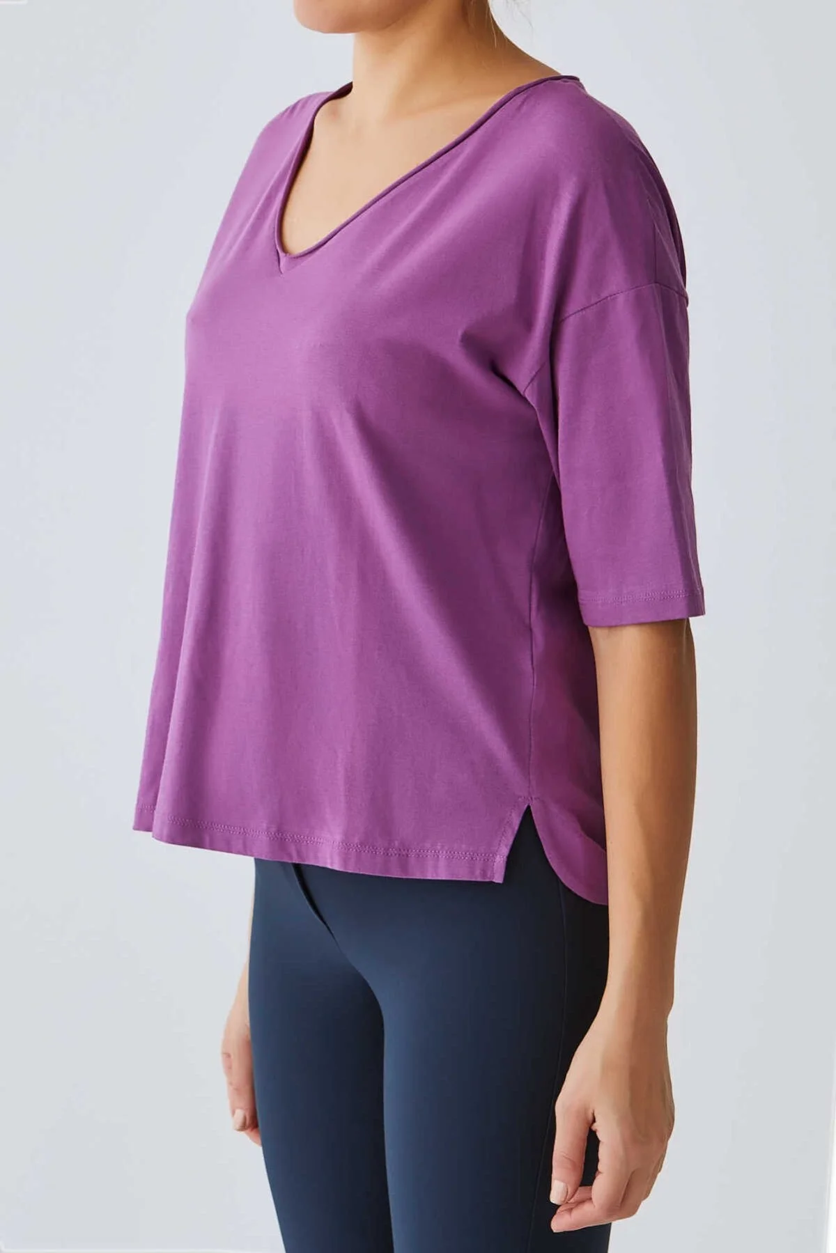 V Yaka Basic T-Shirt Fuşya - 3