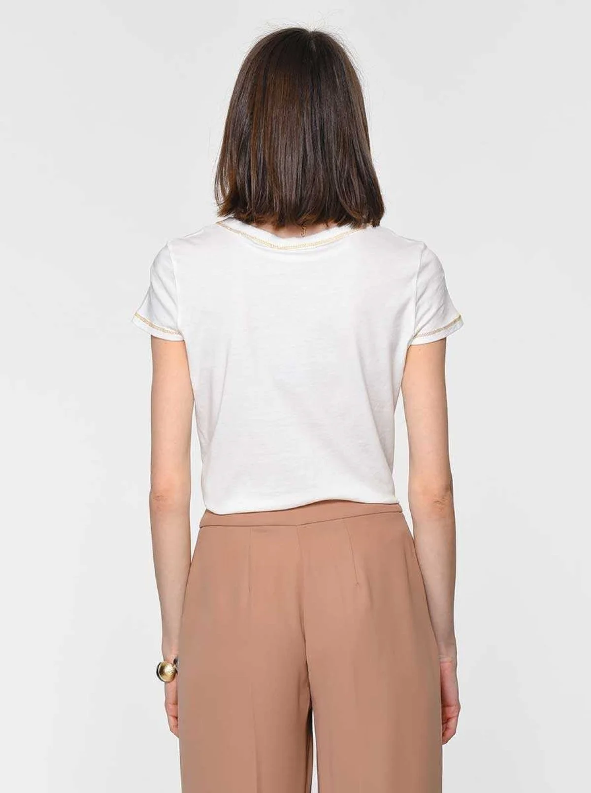 V Yaka Basic T-shırt Kemik - 2