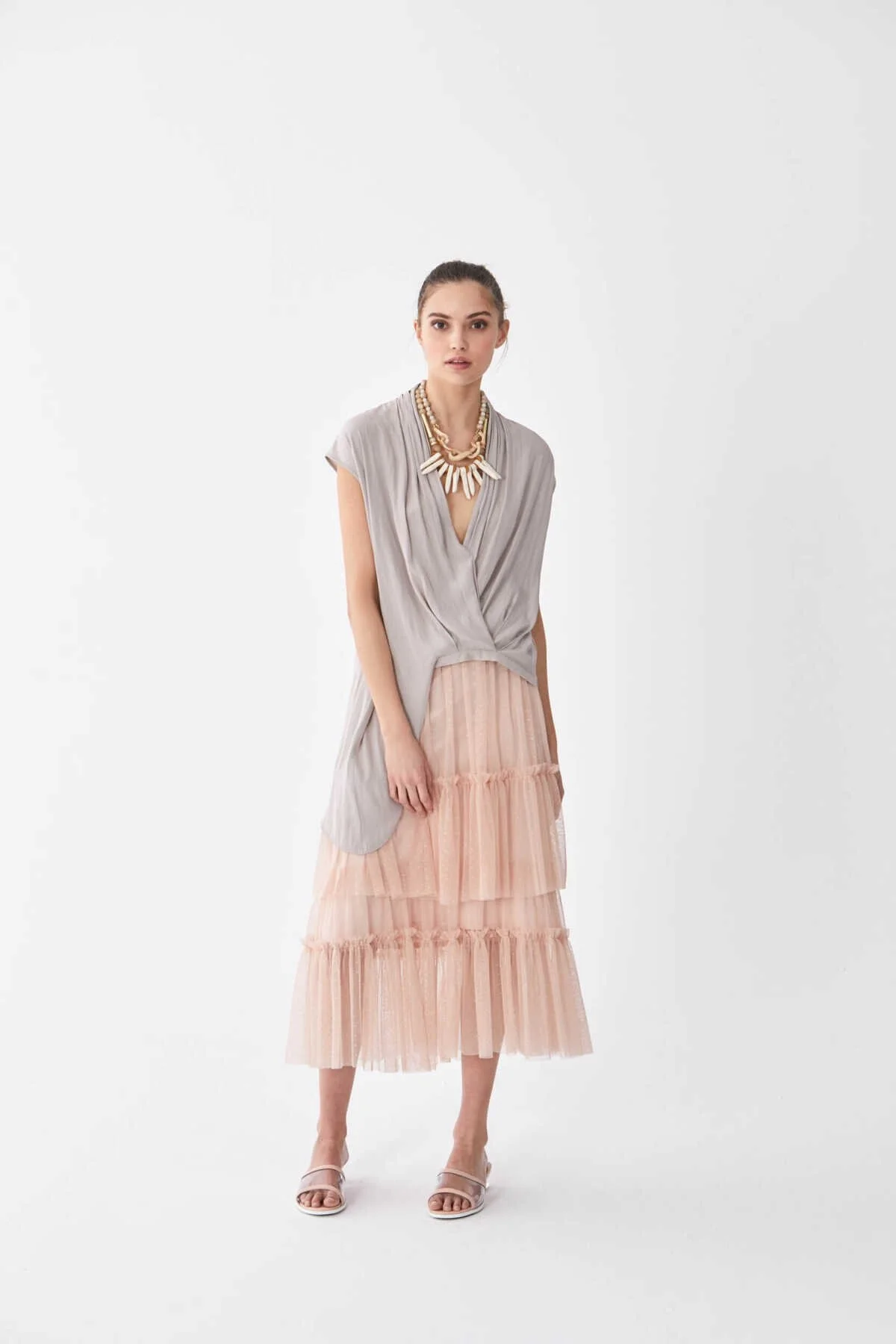 V Yaka Bel Detaylı Bluz Taş - 3