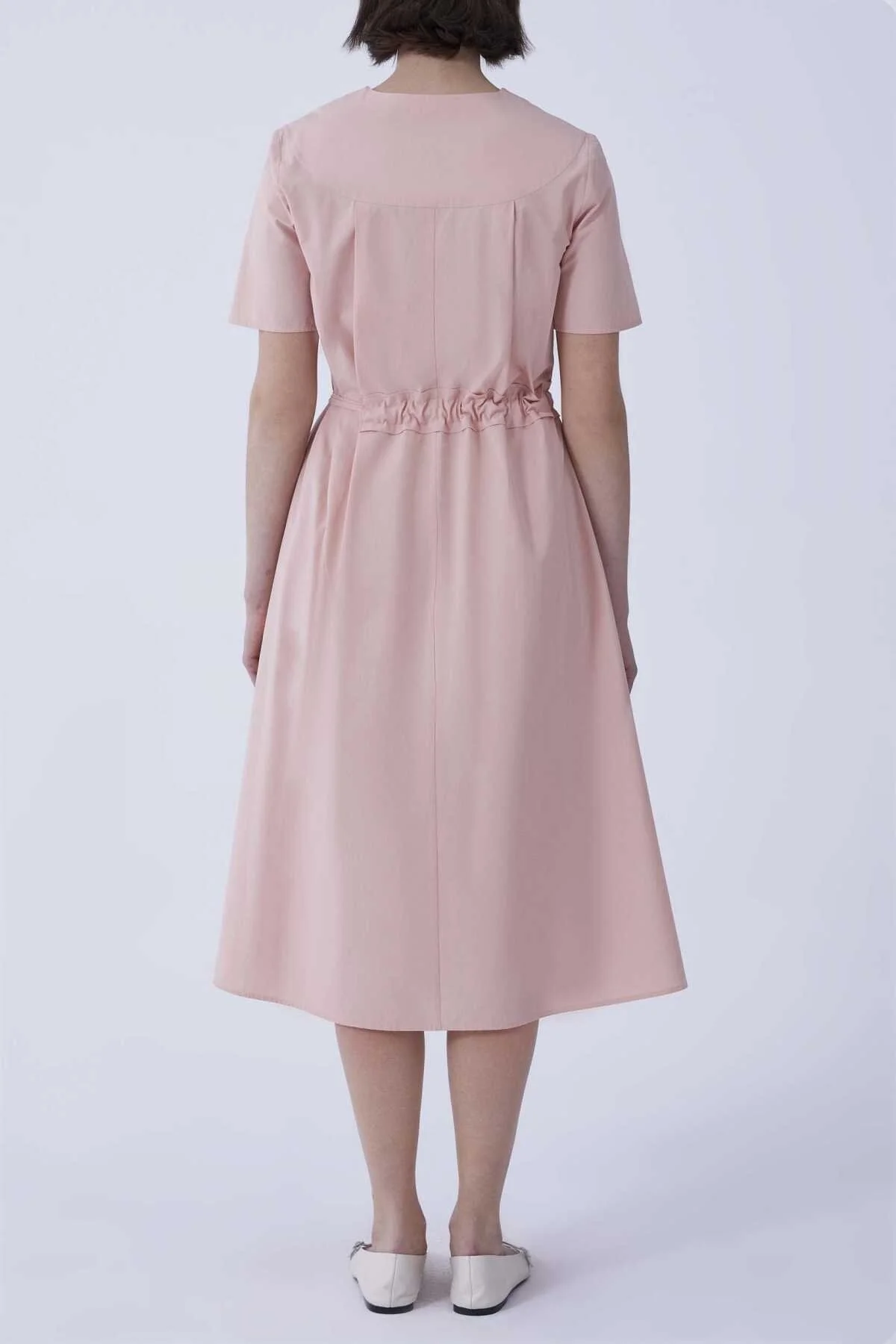 V Yaka Bel Detaylı Midi Elbise Pembe - 2