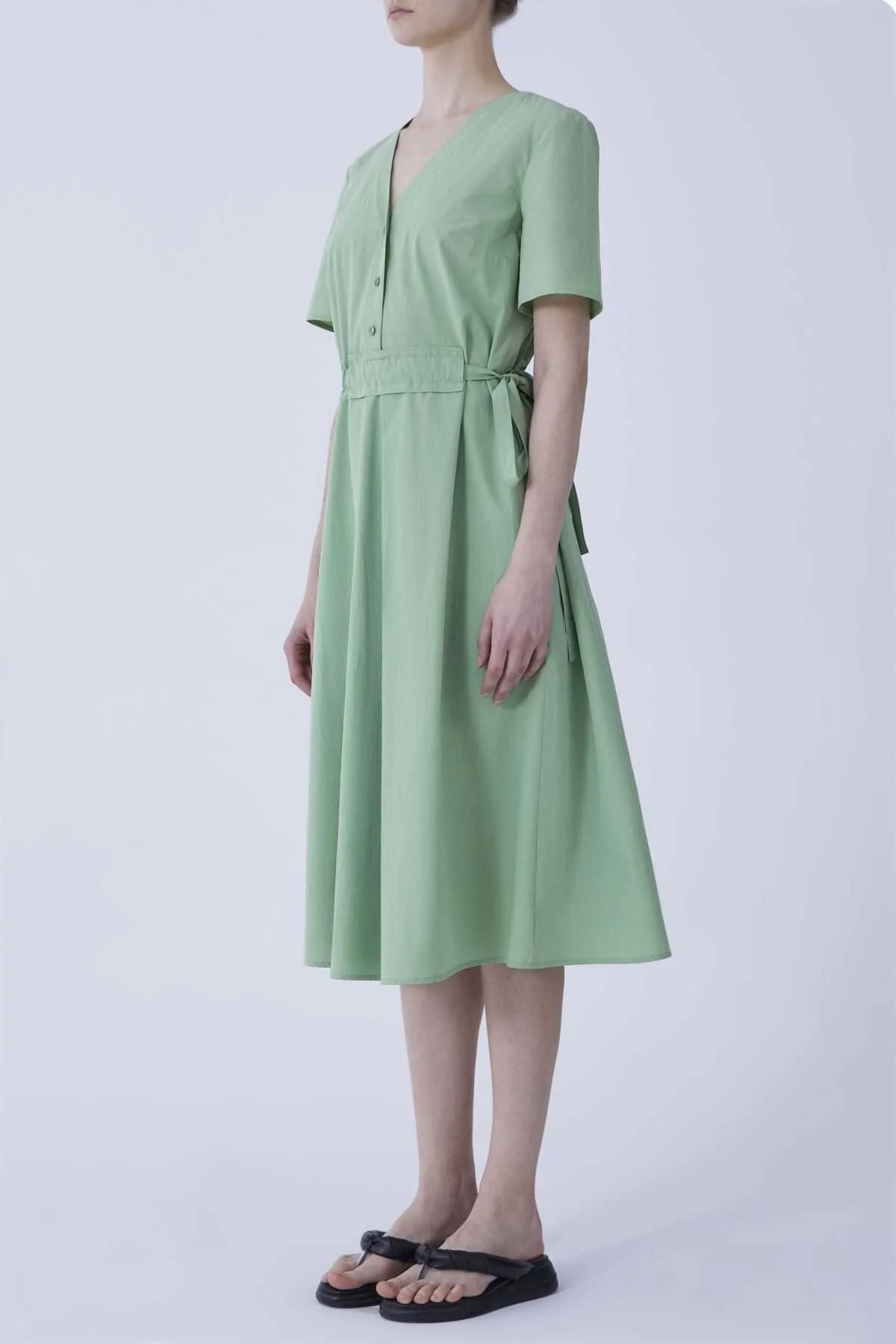 V Yaka Bel Detaylı Midi Elbise Yeşil - 3