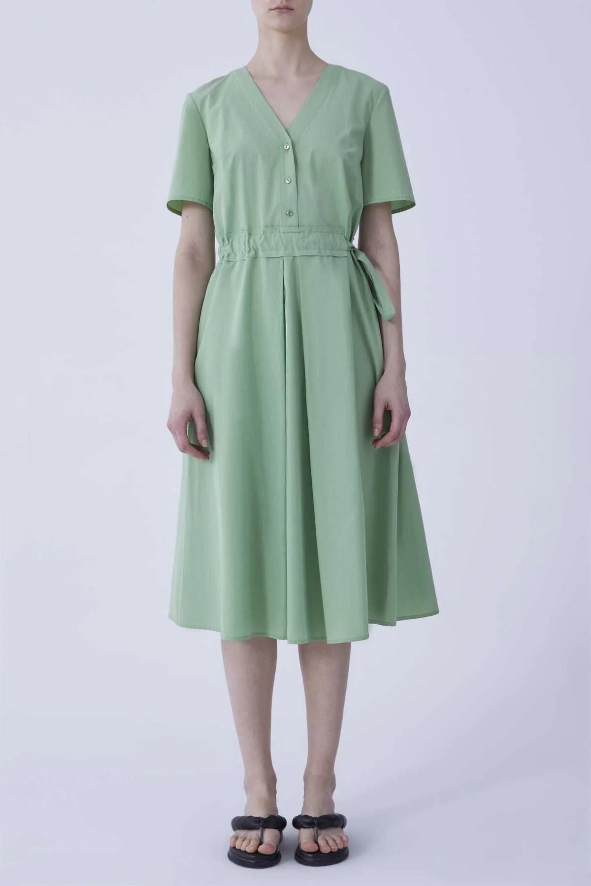 V Yaka Bel Detaylı Midi Elbise Yeşil - 1