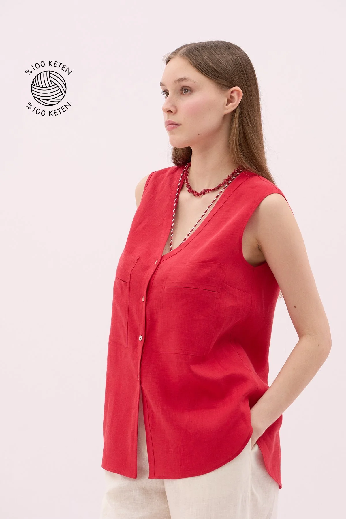 V Yaka Çift Cepli Keten Gömlek Kırmızı - 1