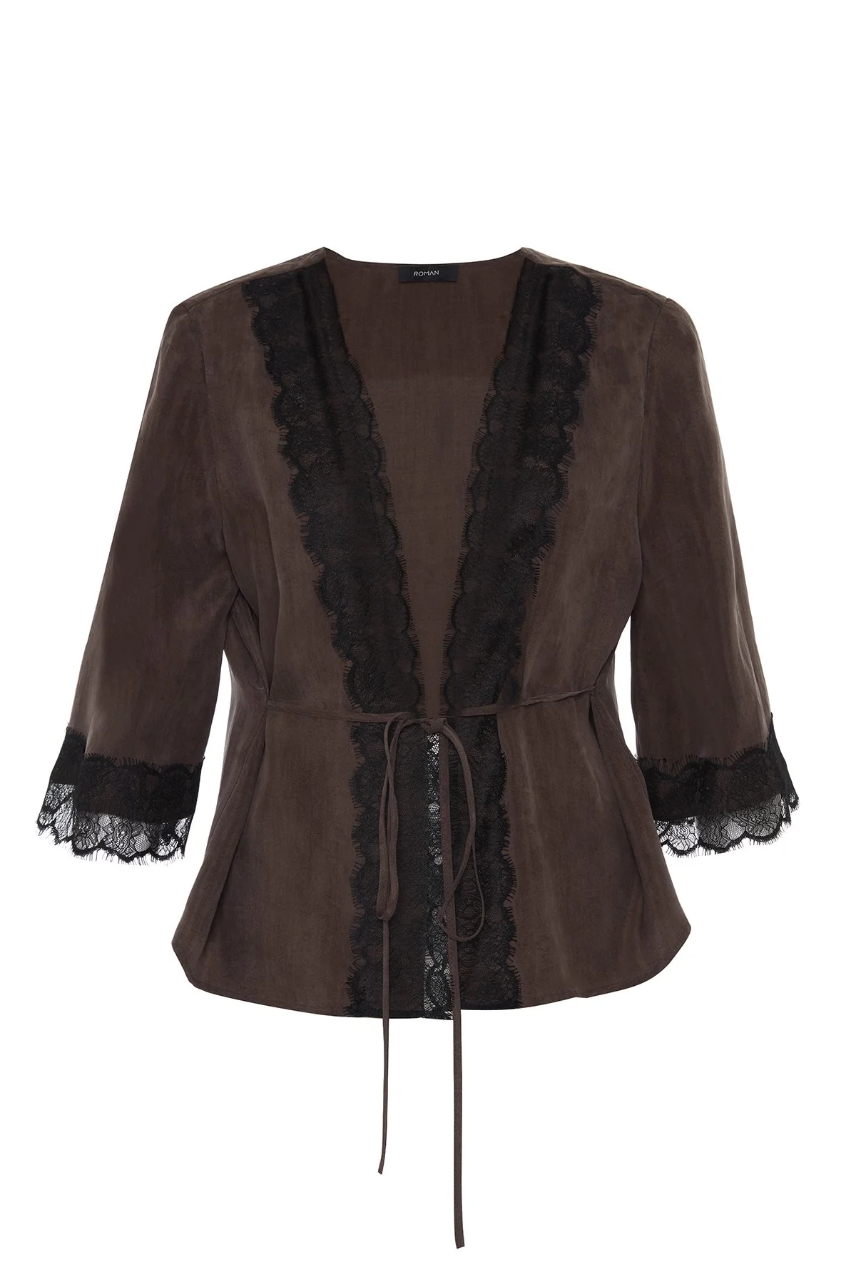 V Yaka Dantel Detaylı Turvakar Kollu Bluz Kahve - 5